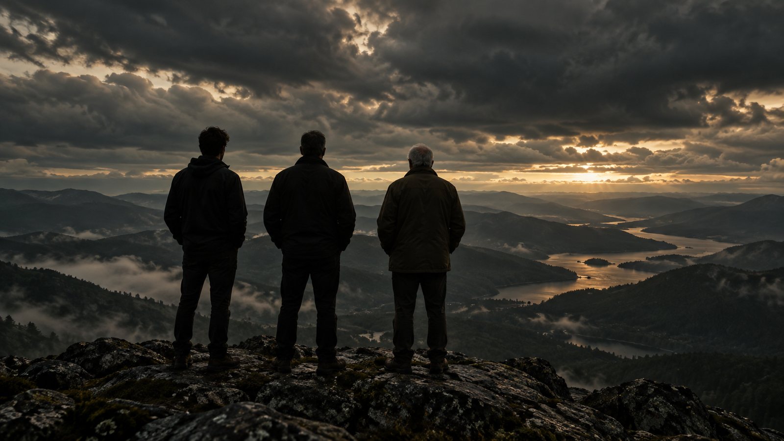 Three men of different generations standing on a ridge at dusk