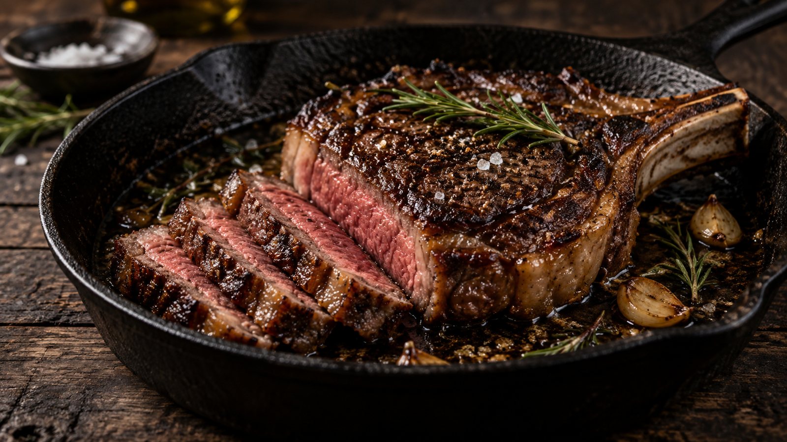 A seared ribeye steak in a cast iron skillet