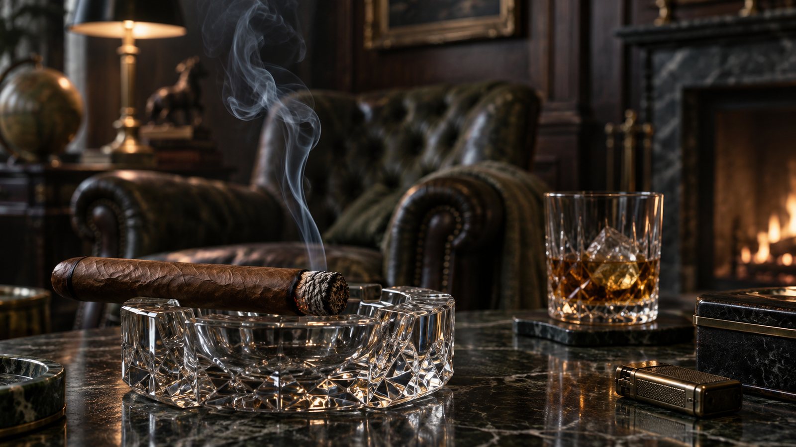 A cigar resting on a crystal ashtray with smoke curling upward