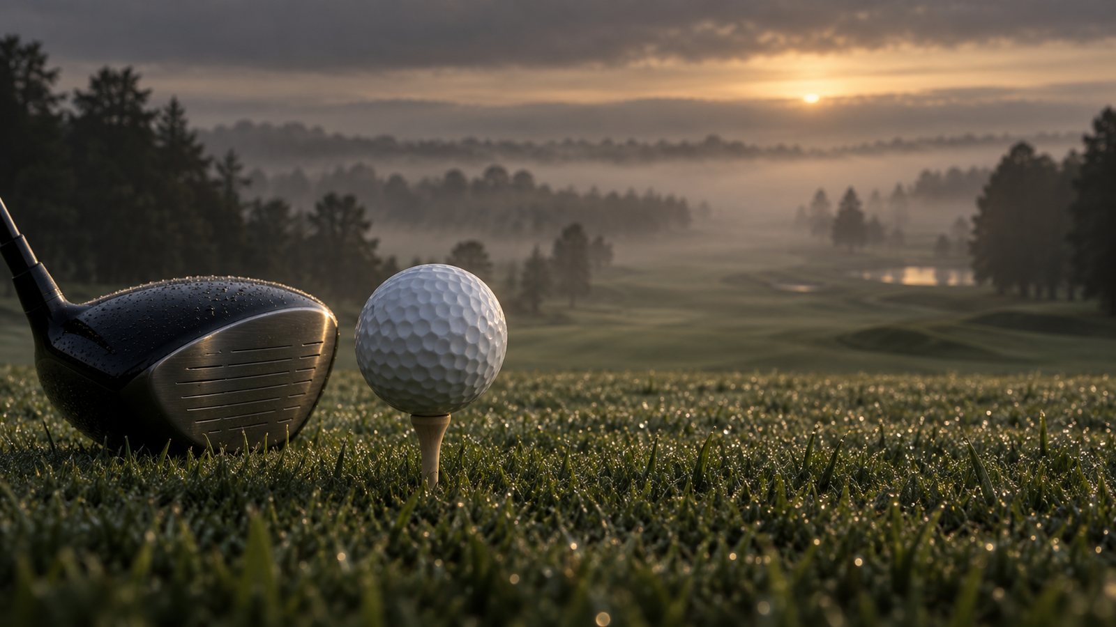A golf ball on a tee at dawn with a foggy fairway behind