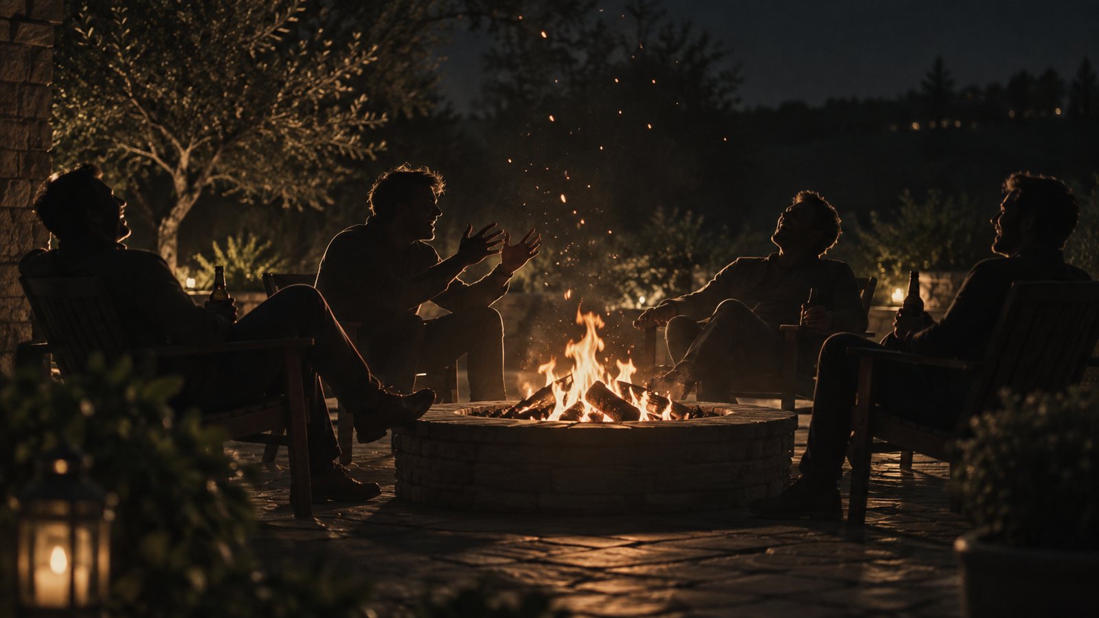 Men gathered around a fire pit at night