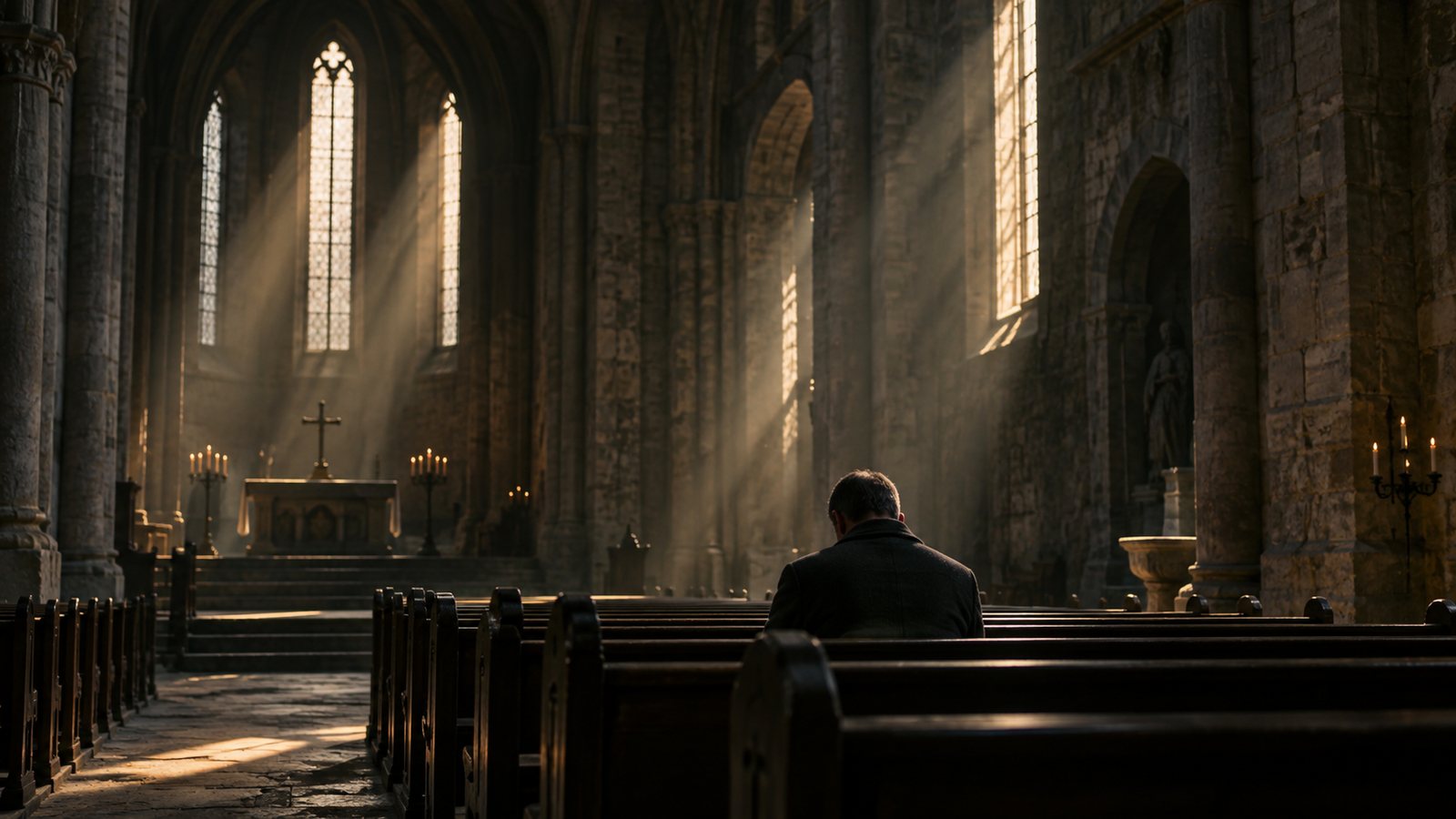 A man seated alone in a church pew with light through the windows