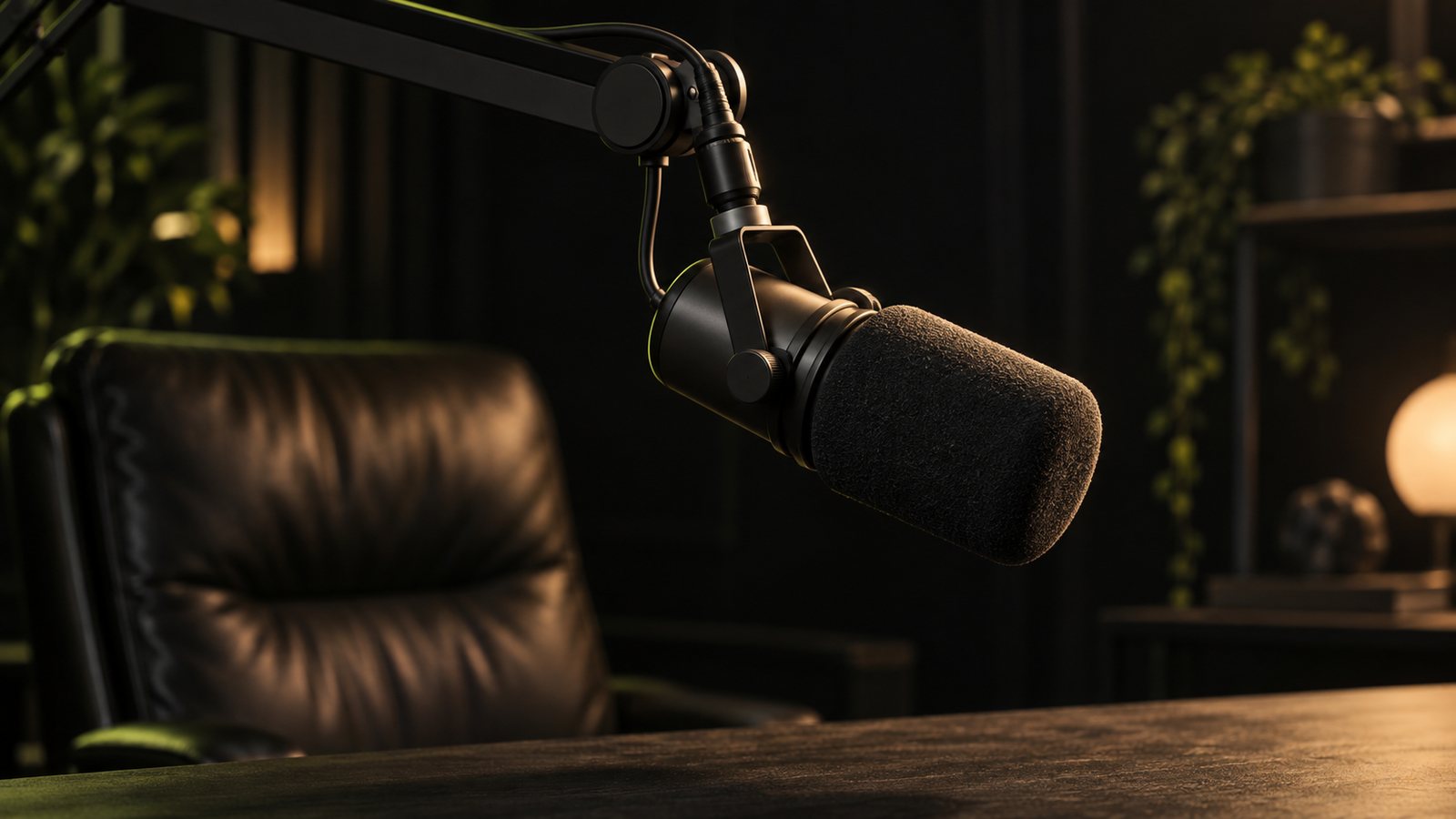 A broadcast microphone in a dark podcast studio