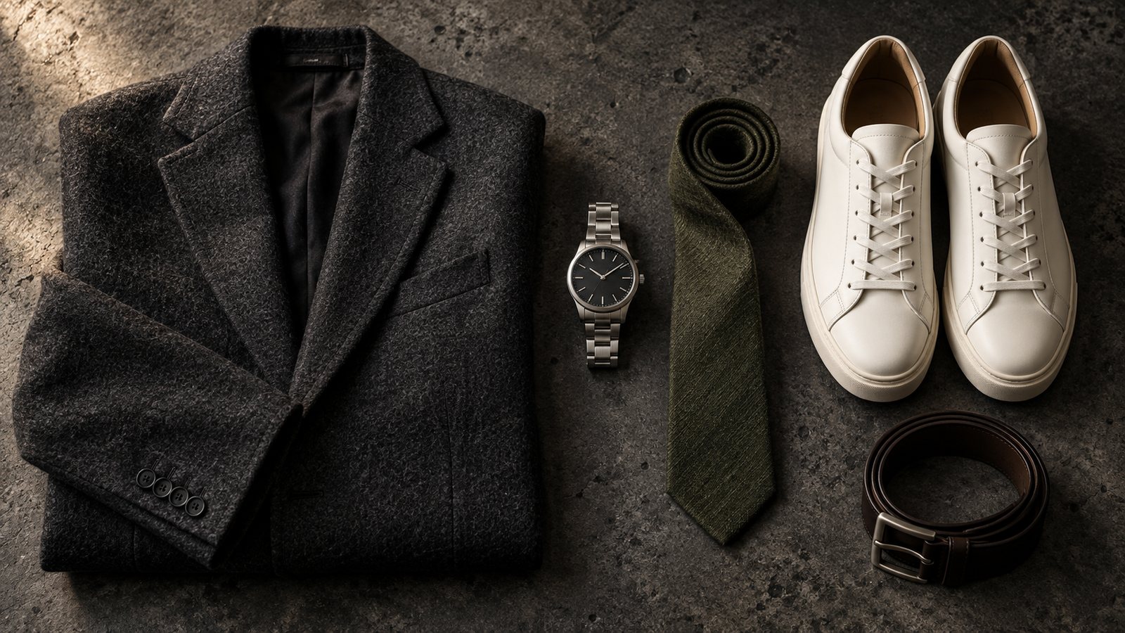 A blazer, watch, sneakers and tie laid out on concrete